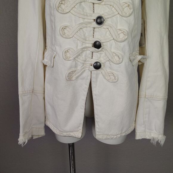 Free People Seamed and Structured Denim Military Jacket Ivory Braided Trim Small - Picture 11 of 16